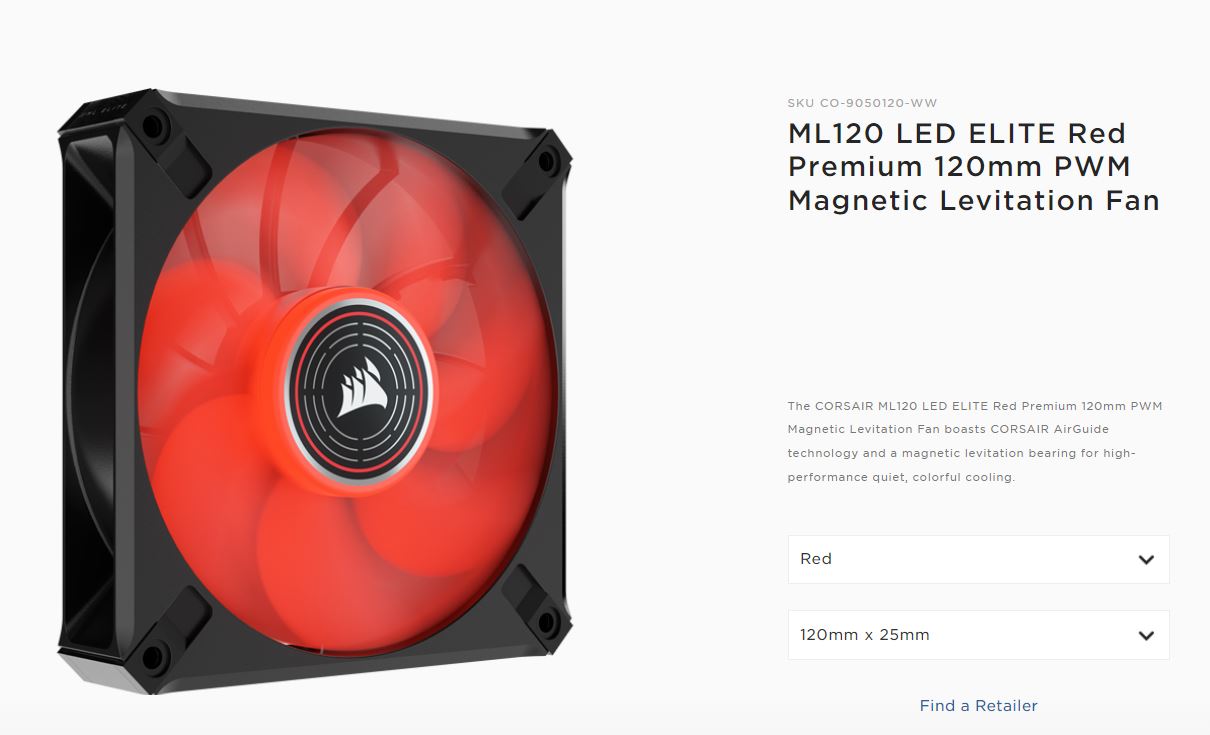 Corsair ML ELITE Series, ML120 LED ELITE, 120mm Magnetic Levitation Red LED Fan with AirGuide, Single Pack-0