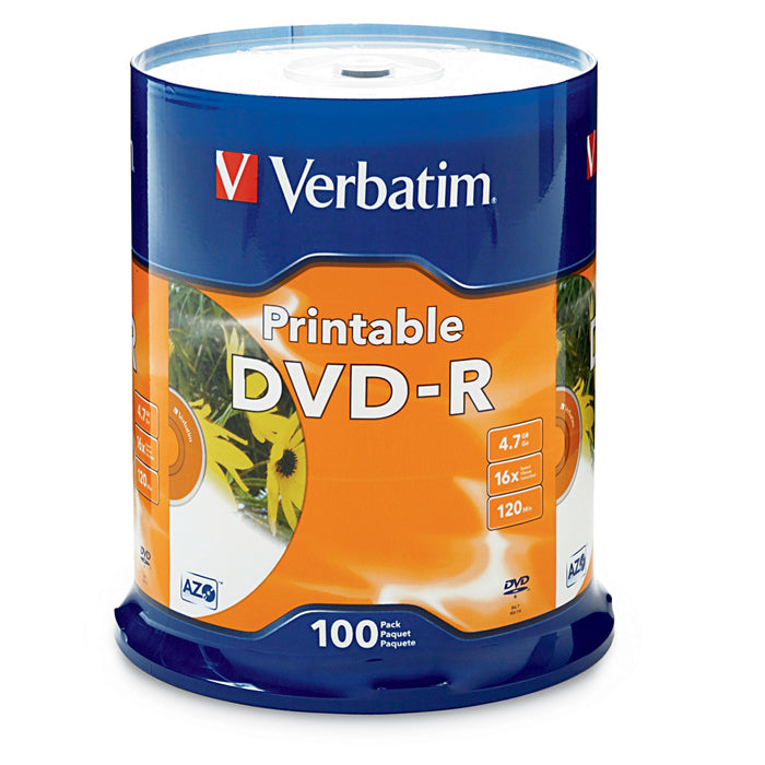 Verbatim DVD-R 4.7GB 100Pk White InkJet 16x, Compatible for Full-Surface, Edge-to-Edge Printing, Superior ink absorption on high-resolution 5,760 DPI-0