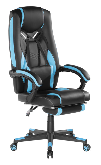 Brateck Premium PU Gaming Chair with Lumbar Support and Retractable Footrest (63x71x119~129cm) up to 150kg-PU Leather,PVC Leather-Black-Blue (LS)-0