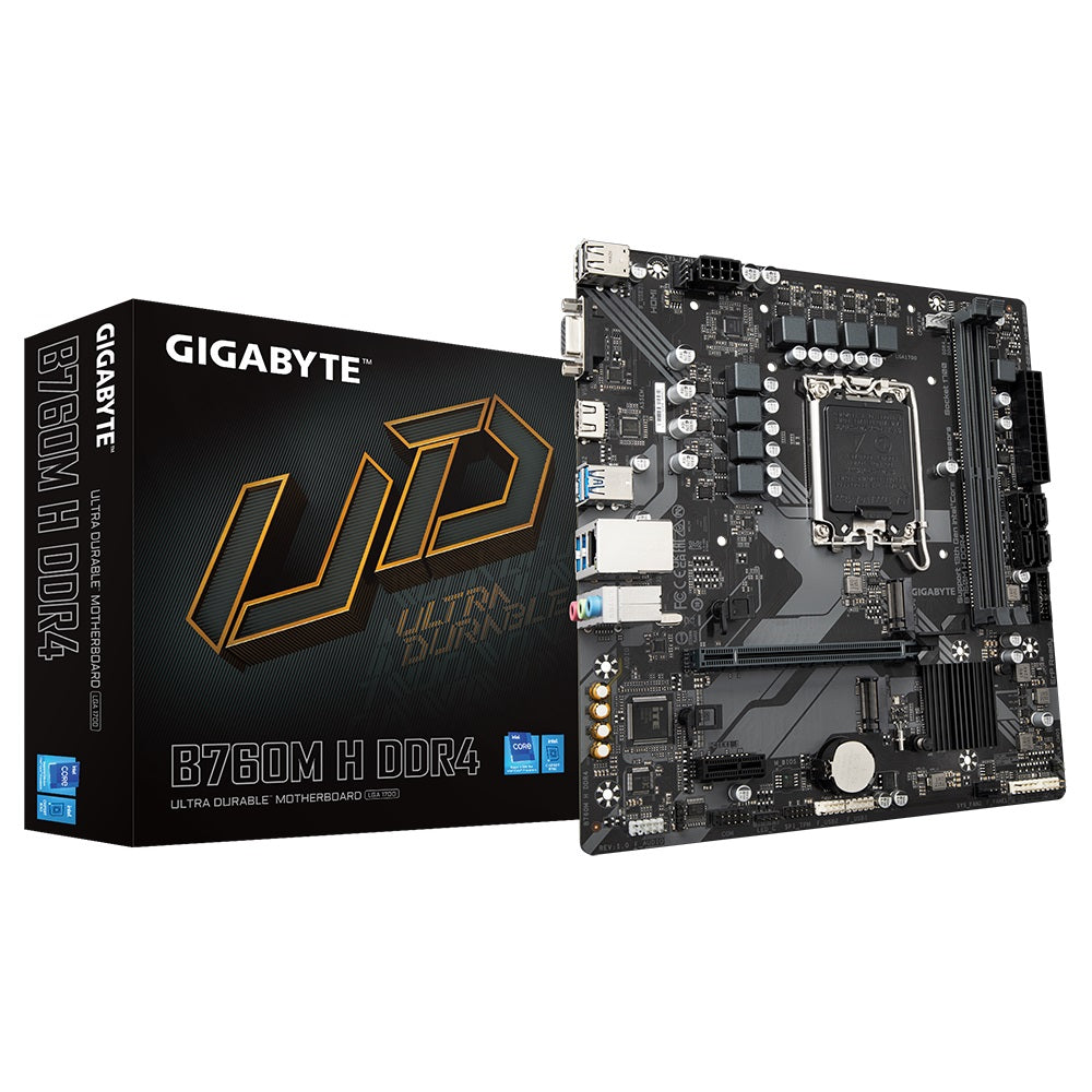Gigabyte B760M H DDR4 Intel LGA 1700 m-ATX Motherboard, 2x DDR4 ~64GB, 1x PCI-E x16, 2x M.2, 4x SATA, 3x USB 3.2, 2x USB 2.0,-0