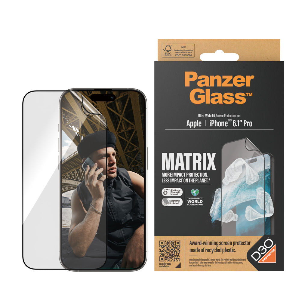 PanzerGlass Apple iPhone 15 Pro (6.1") Matrix Screen Protector With D30 Ultra-Wide Fit - Clear (2818), Scratch  Shock Resistant, Drop Protection, 2YR-0