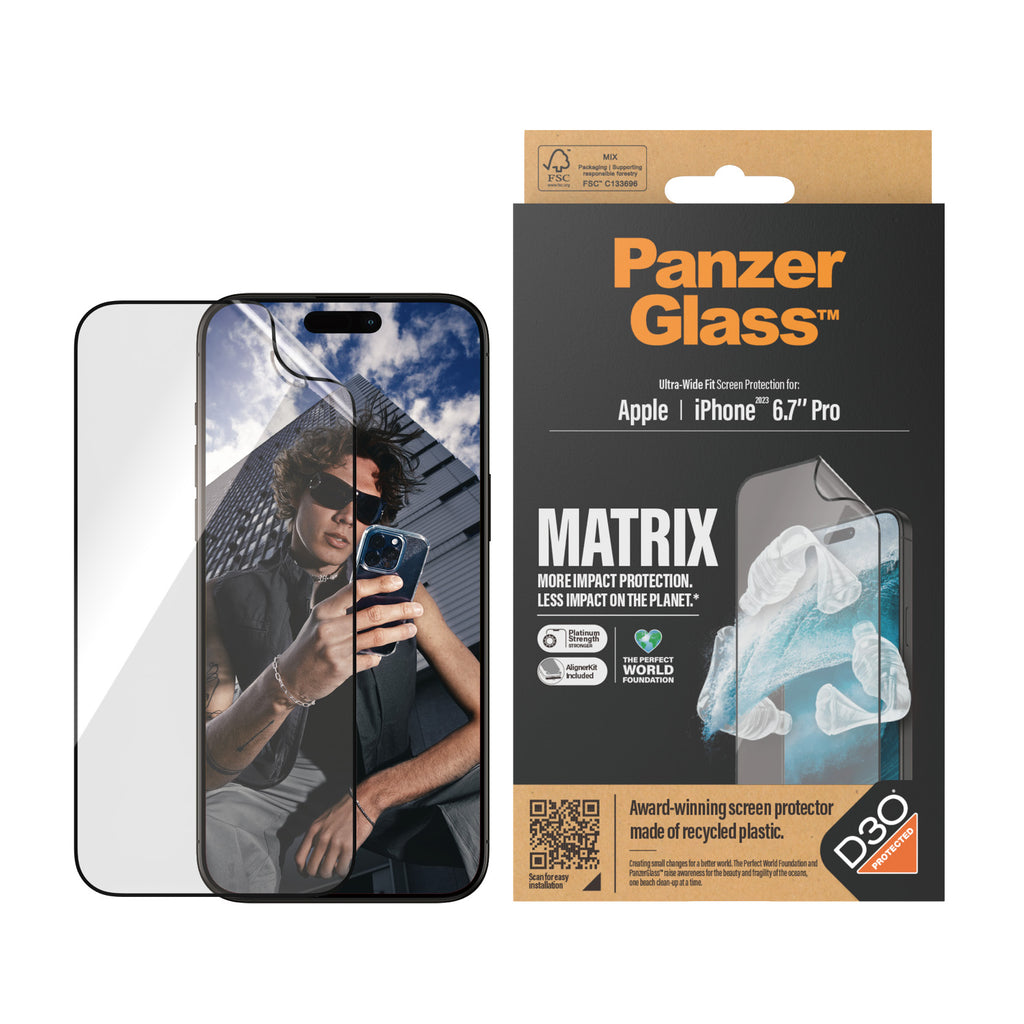PanzerGlass Apple iPhone 15 Pro Max (6.7") Matrix Screen Protector With D30 Ultra-Wide Fit - Clear(2820),Scratch  Shock Resistant,Drop Protection,2YR-0