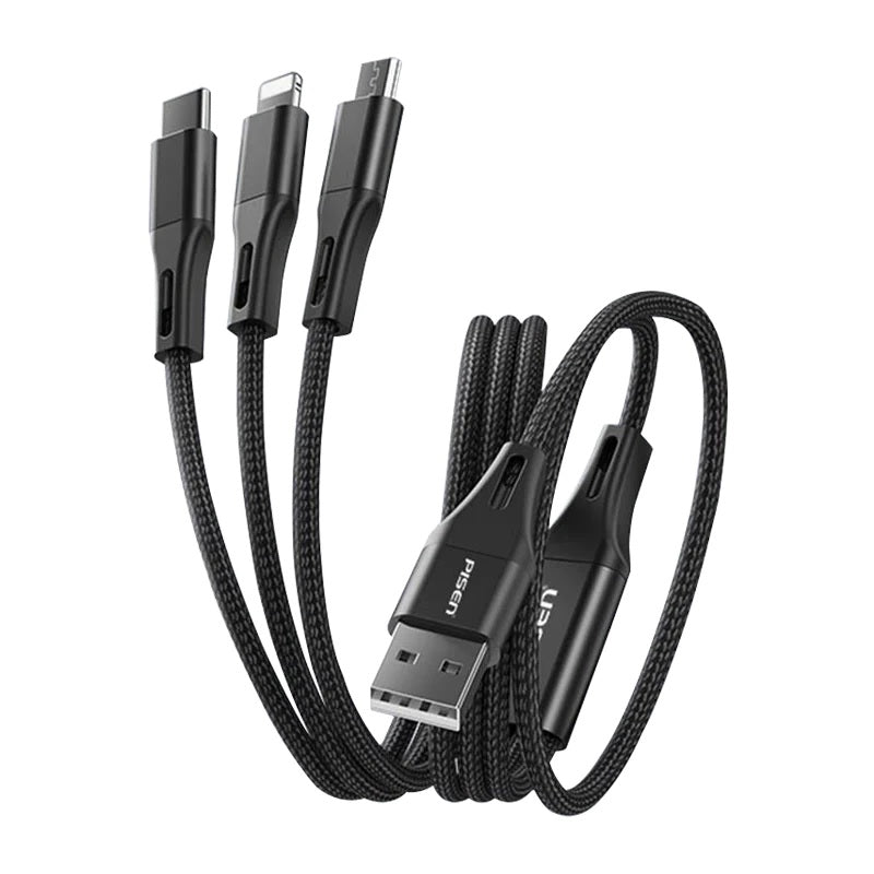 Pisen Braided 3-in-1 USB-A to Lightning + USB-C + Micro-USB Cable (1.5M) - Black, 3A/15W, Aluminum Alloy, Wear-Resistant, Faster Charging Speeds-0