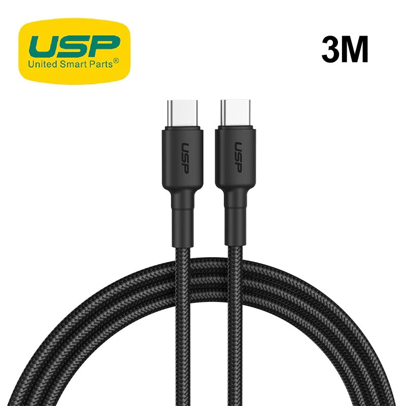 USP BoostUp Braided USB-C to USB-C Cable (3M) Black -3A Fast  Safe Charge,Strong  Durable,Samsung Galaxy,Apple iPhone,iPad,MacBook,Google,OPPO,Nokia-0