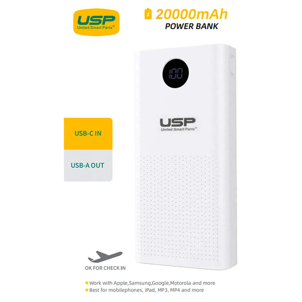 USP 20K mAh Power Bank - White, 2 USB-A Outputs (5W  10W), 2 USB Input, Digital Display, Comfortable Grip, Charge 2 Devices, Intelligent Matching-0