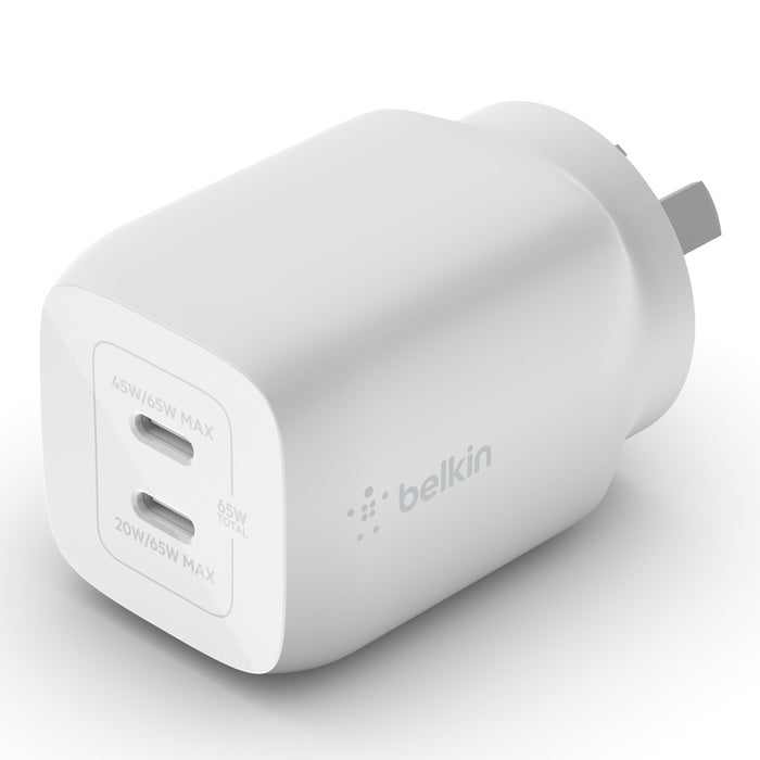 Belkin BoostCharge Pro Dual USB-C GaN Wall/Laptop Charger with PPS 65W - White(WCH013auWH),1*USB-C(45-65W),1*USB-C(20-65W),Compact,Fast  Travel Ready-0