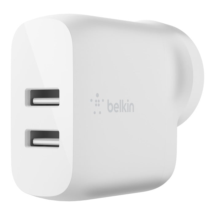 Belkin BoostCharge Dual USB-A Wall Charger 24W - White (WCB002auWH), 2xUSB-A (12W), Dual Port Fast charger, $2,500 Connected Equipment Warranty,2YR-0