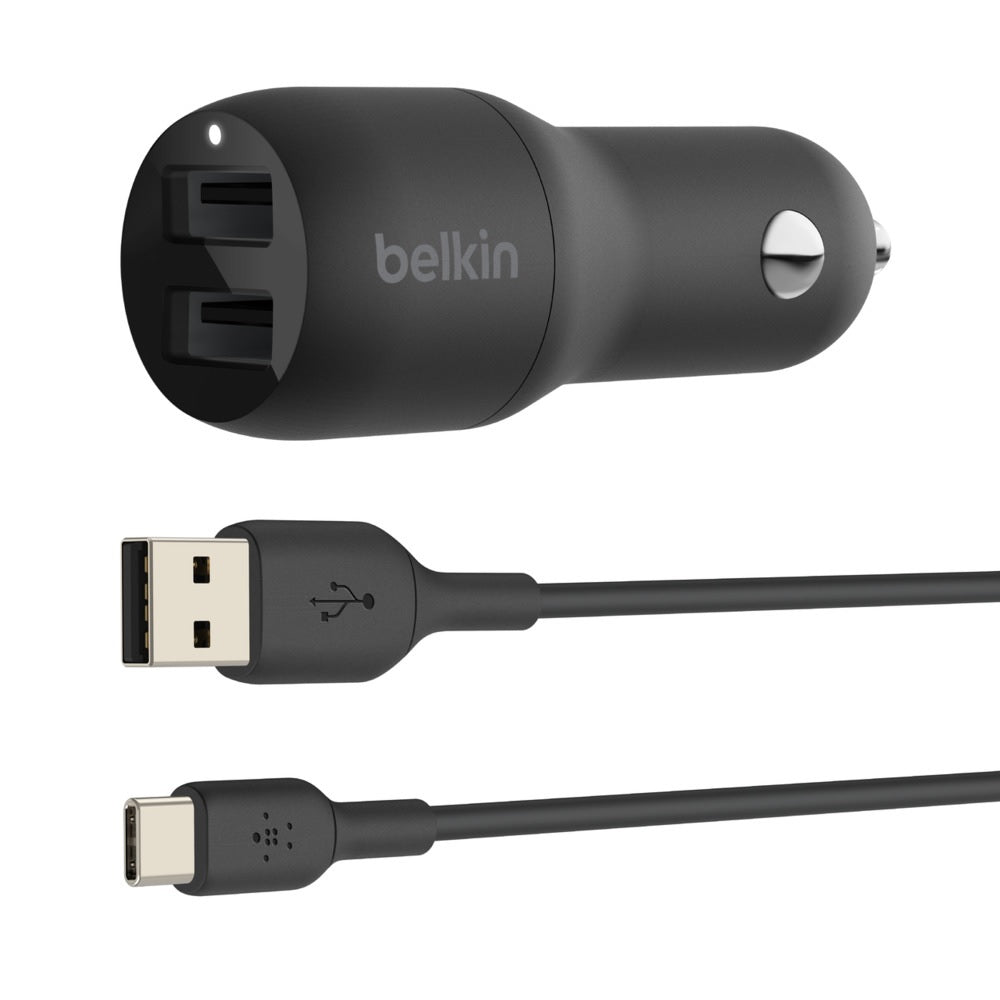Belkin BoostCharge Dual USB-A Car Charger 24W + USB-C to USB-A Cable (1M) - Black (CCE001bt1MBK),2xUSB-A(12W), Dual Port Fast  Compact Charger,2YR-0