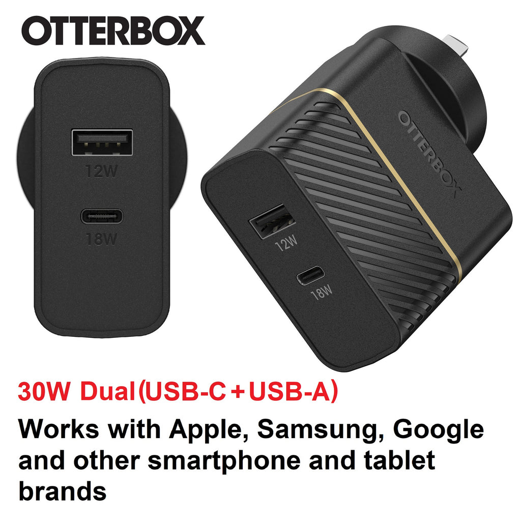 OtterBox 30W Dual Port Premium Fast PD Wall Charger - Black (78-80029),1x USB-A (12W), 1x USB-C (18W),Compact,Up to 3.6X faster charging, Travel-Ready-0