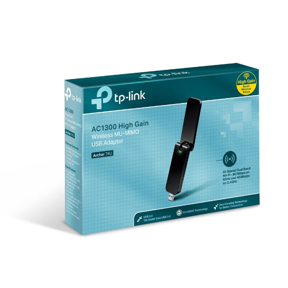 TP-Link Archer T4U AC1300 Wireless Dual Band USB Adapter 2.4GHz (400Mbps) 5GHz (867Mbps) 1xUSB3 802.11ac Omni Directional Antenna WPS button USB Ext C-0