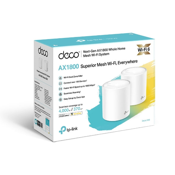 TP-Link Deco X20(2-pack) AX1800 Whole Home Mesh Wi-Fi 6 System, Up To 370 sqm Coverage, WIFI6, 1201Mbps @ 5Ghz, 574Mbps @ 2.4 GHz OFDMA, MU-MIMO (WIFI-0