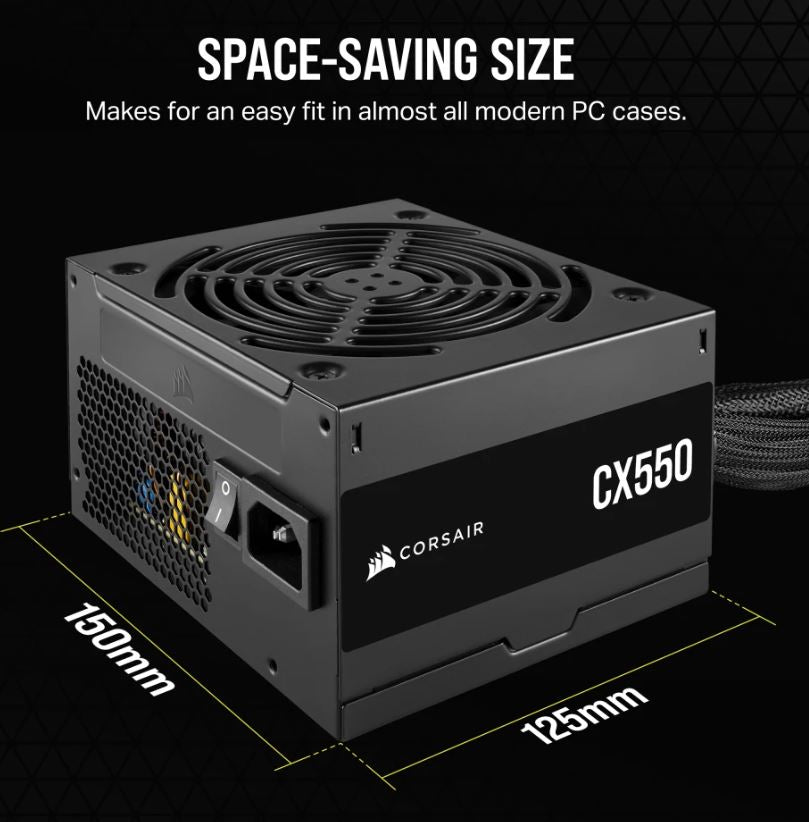 Corsair 550W CX Series, 80 PLUS Bronze Certified, Up to 88% Efficiency,  Compact 125mm design easy fit and airflow, ATX PSU 2023-0