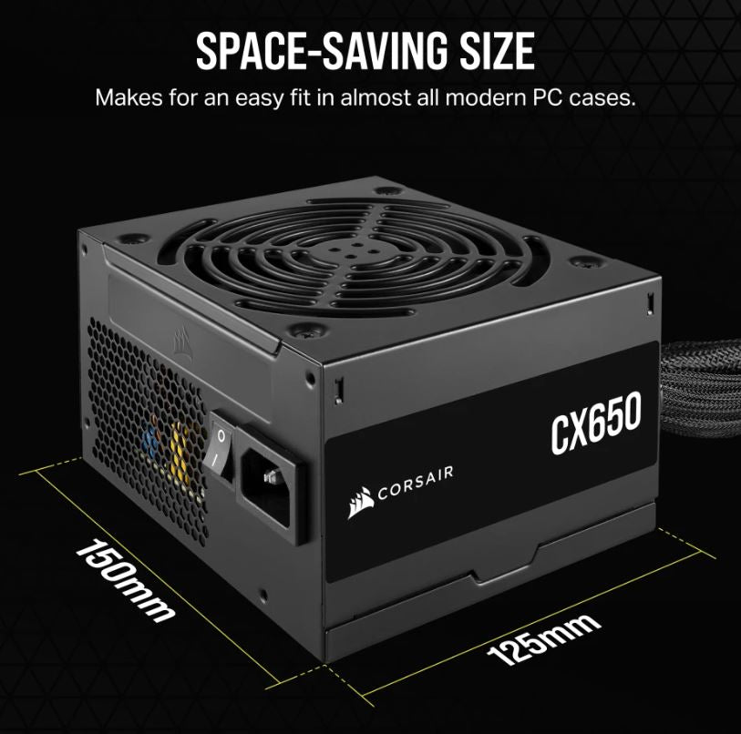 Corsair 650W CX Series, 80 PLUS Bronze Certified, Up to 88% Efficiency,  Compact 125mm design easy fit and airflow, ATX PSU 2024-0