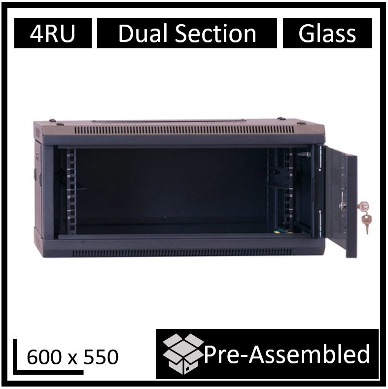 LDR Assembled 4U Hinged Wall Mount Cabinet (600mm x 550mm) Glass Door - Black Metal Construction - Top Fan Vents - Side Access Panels-0