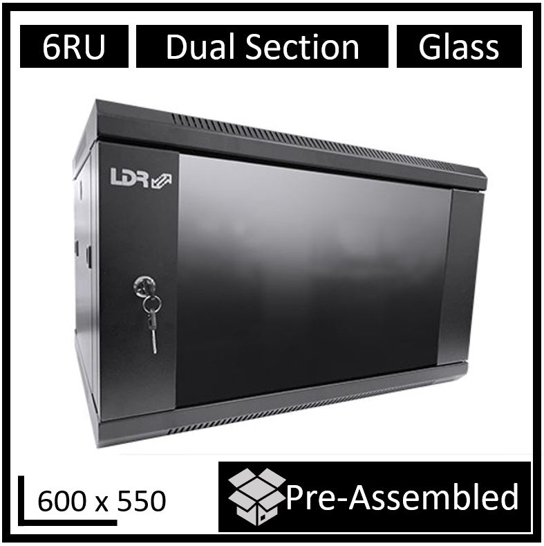 LDR Assembled 6U Hinged Wall Mount Cabinet (600mm x 550mm) Glass Door - Black Metal Construction - Top Fan Vents - Side Access Panels-0