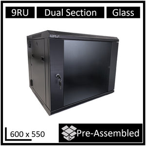 LDR Assembled 9U Hinged Wall Mount Cabinet (600mm x 550mm) Glass Door - Black Metal Construction - Top Fan Vents - Side Access Panels-0