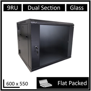 LDR Flat Packed 9U Hinged Wall Mount Cabinet (600mm x 550mm) Glass Door - Black Metal Construction - Top Fan Vents - Side Access Panels-0