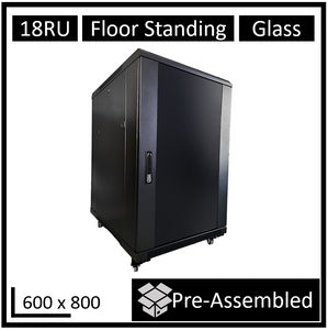 LDR Assembled 18U Server Rack Cabinet (600mm x 800mm) Glass Door, 1x 8-Port PDU, 1x 4-Way Fan, 2x Fixed Shelves - Black Metal Construction-0
