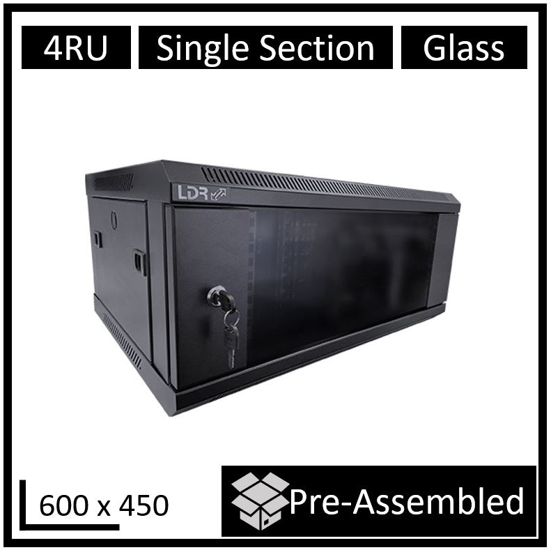 LDR Assembled 4U Wall Mount Cabinet (600mm x 450mm) Glass Door - Black Metal Construction - Top Fan Vents - Side Access Panels-0