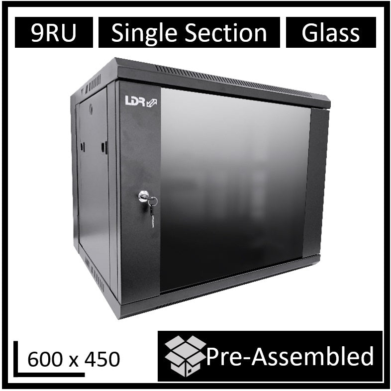 LDR Assembled 9U Wall Mount Cabinet (600mm x 450mm) Glass Door - Black Metal Construction - Top Fan Vents - Side Access Panels-0