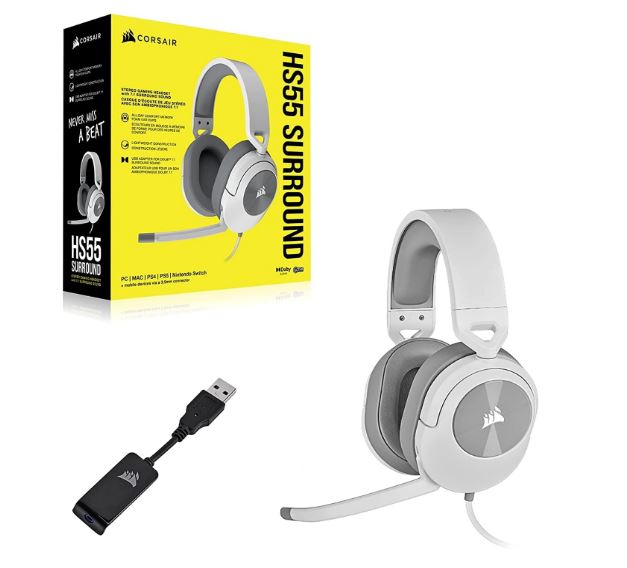 Corsair HS55 White 7.1 SURROUND Gaming Headset, PS5, Switch. ICUE, Discord Certified, Ultra Comfort Foam, USB (LS)-0