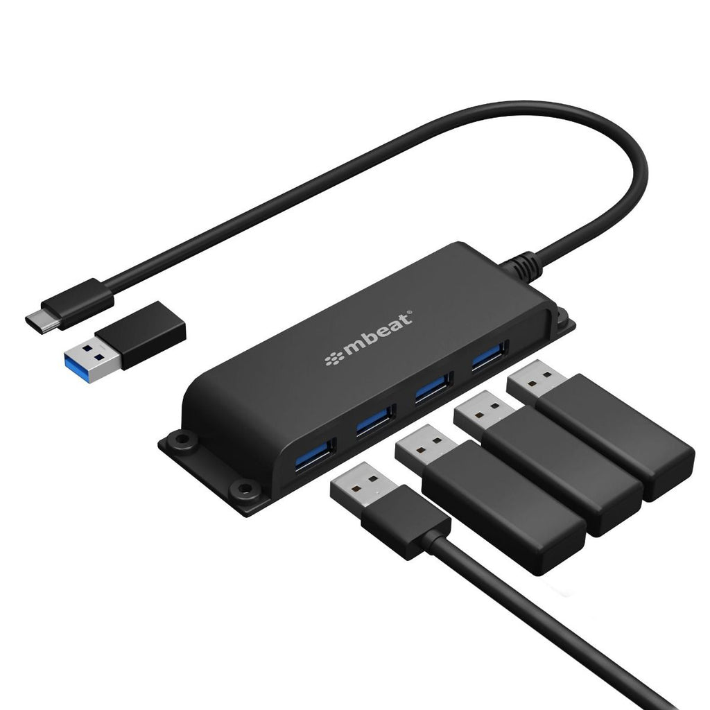 mbeat® Mountable 4-Port USB-A  USB-C Adapter Hub - 60cm Data Cable, USB 3.0, 2.0 High-Speed Data Port Expansion, Save Space Mounting Solution-0