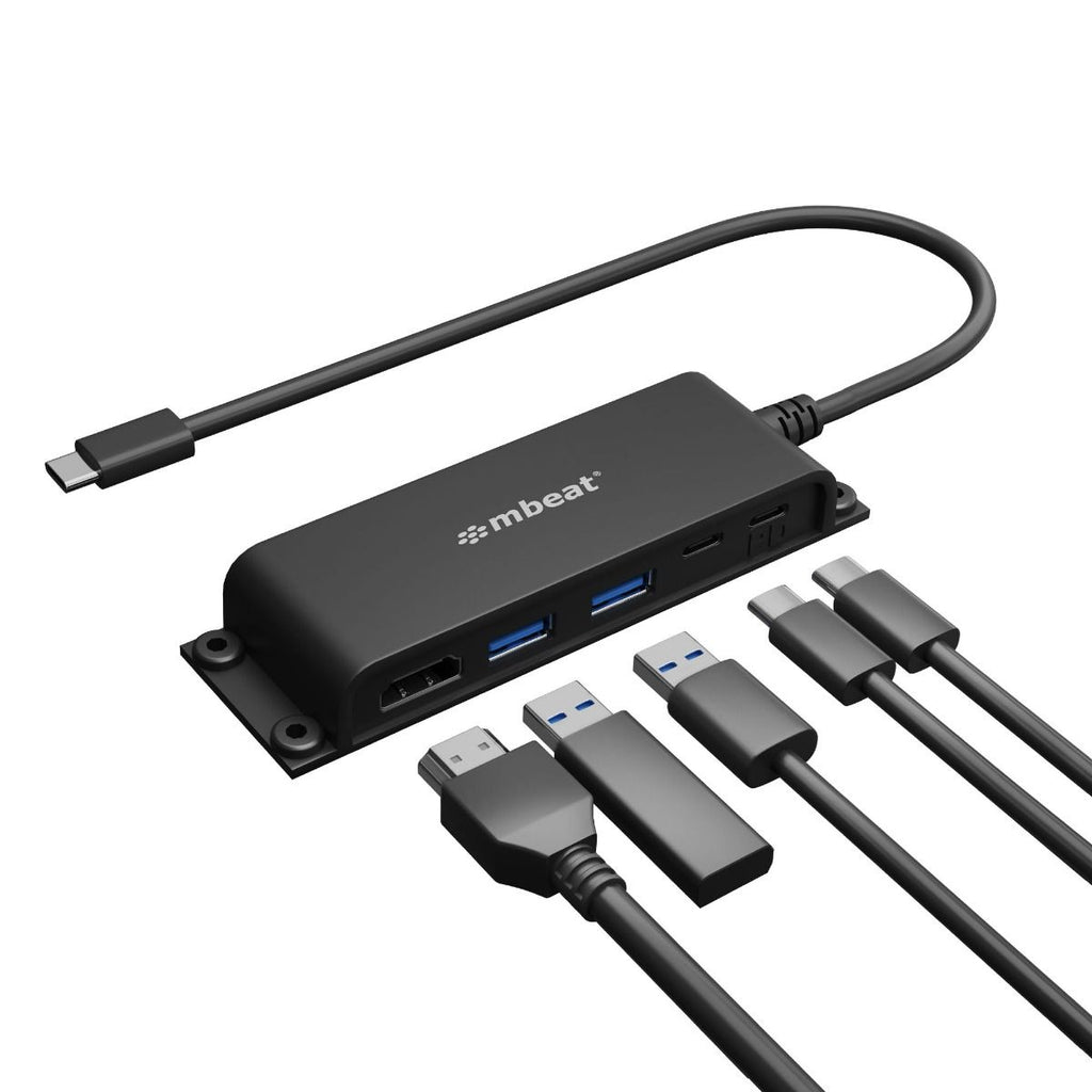 mbeat® Mountable 5-Port USB-C Hub - Supports 4K HDMI video out and 60W Power Delivery Charging with 2 × USB3.0 and 1 × USB-C-0