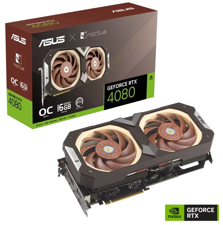 ASUS nVidia GeForce RTX4080-O16G-NOCTUA 16GB GDDR6X Noctua OC Edition 2595 MHz Boost Clock, PCI Express 4.0, HDMIx2, DPx3-0